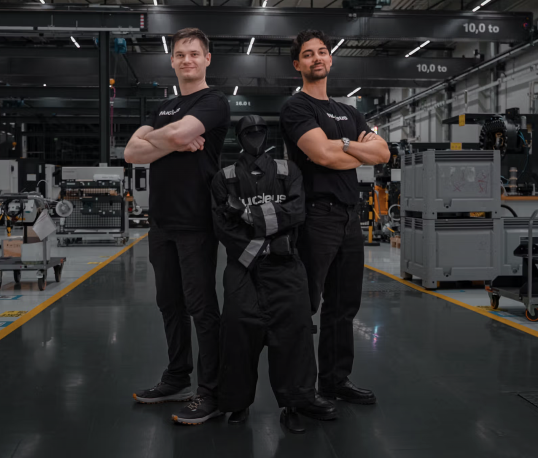 Nucleus co-founders Melvin and Krzysztof with a robot on a factory floor